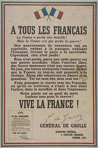 Affiche À tous les Français placardée à Londres en 1940, appel du général de Gaulle à poursuivre le combat