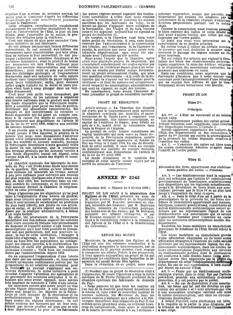 Première page de la loi du 9 décembre 1905 concernant la séparation des Églises et de l'État, publiée au Journal officiel de la République française