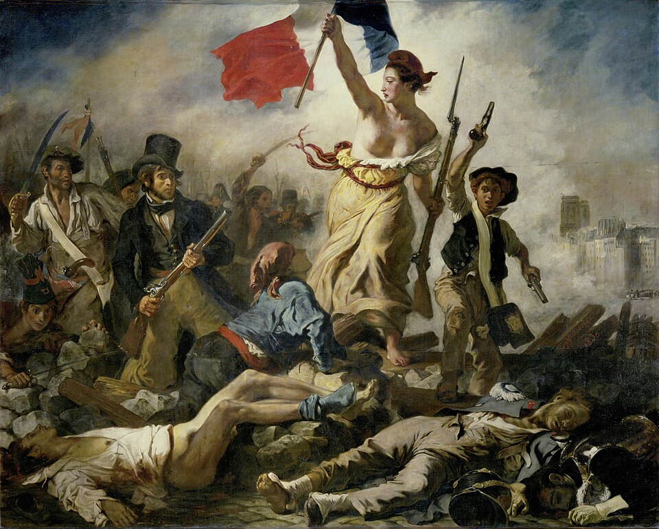 La Liberté guidant le peuple, tableau d'Eugène Delacroix de 1830, femme au bonnet phrygien brandissant le drapeau tricolore, souvent associée à Marianne symbole de la République