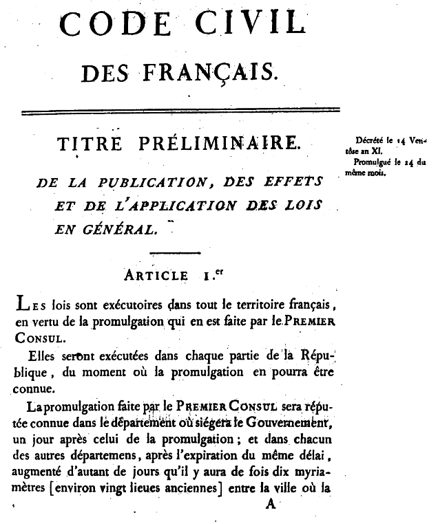 Page de titre du Code civil des Français promulgué en 1804 sous Napoléon Bonaparte