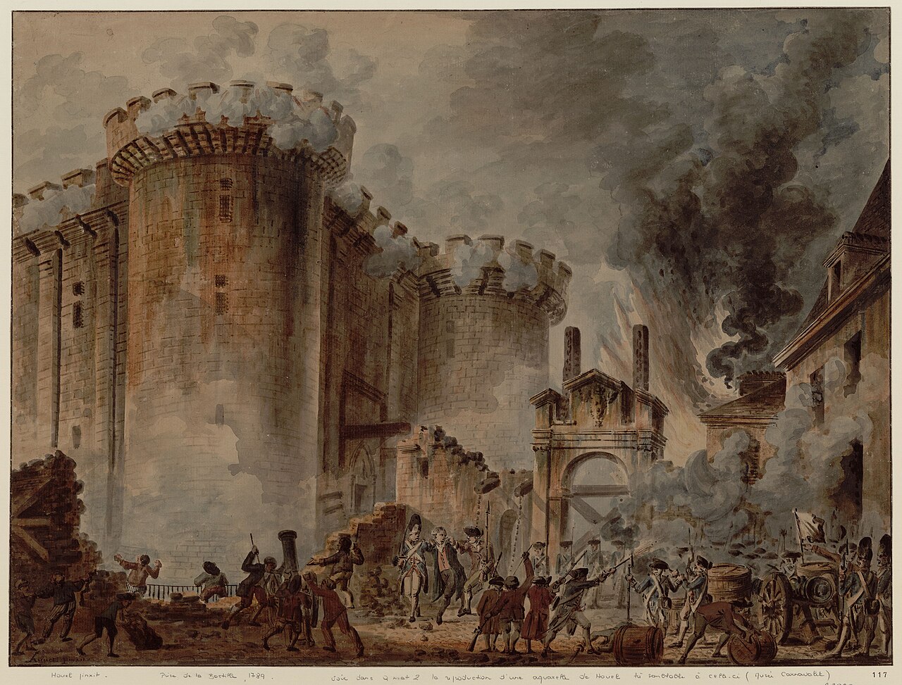 Prise de la Bastille le 14 juillet 1789, gouache de Jean-Pierre Houël conservée à la Bibliothèque nationale de France