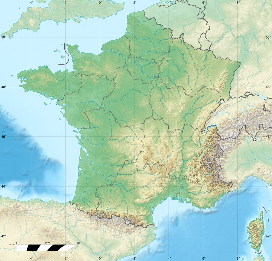 Carte physique de la France : relief, massifs montagneux, cours d'eau et façades maritimes, base des questions de géographie à l'entretien de naturalisation